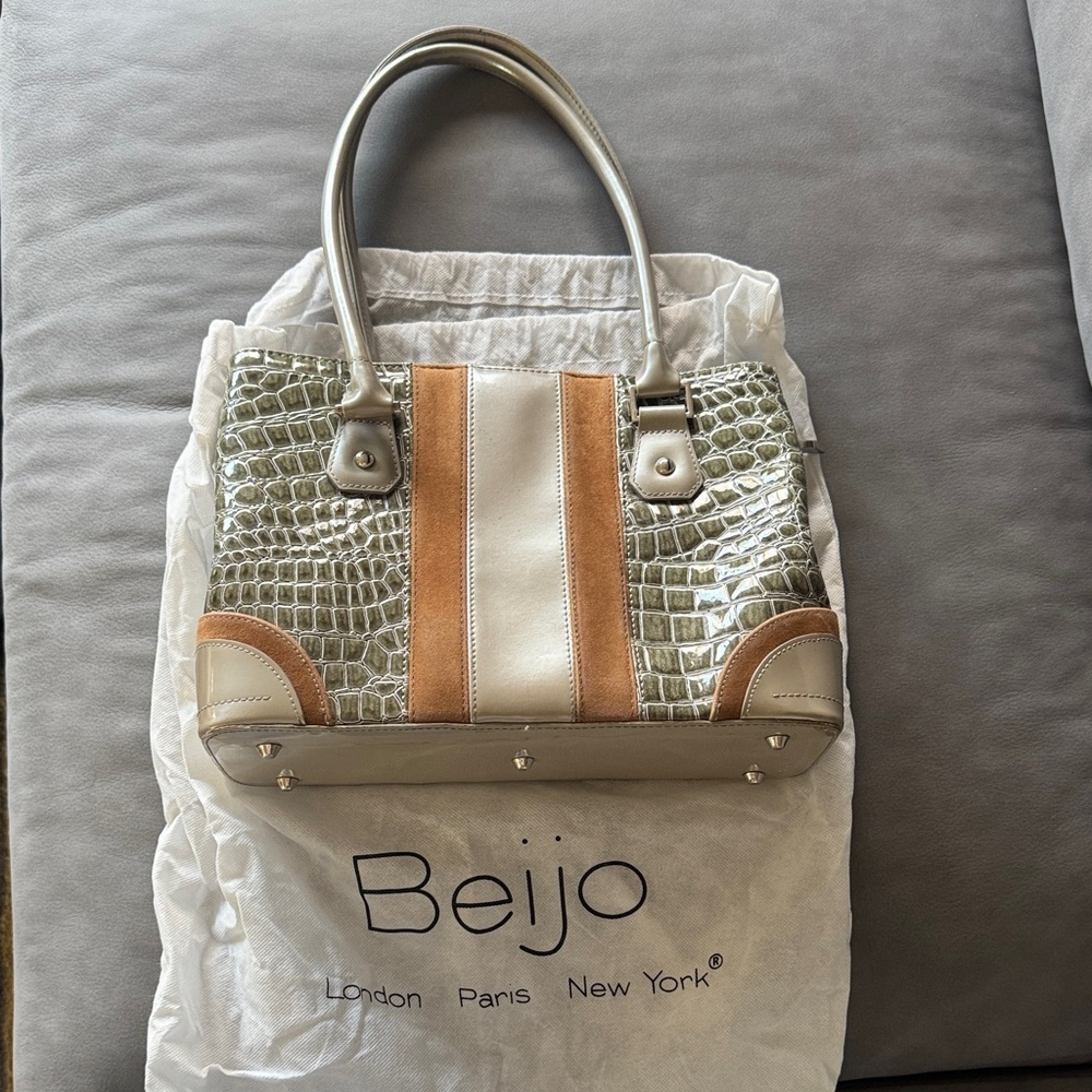 Beijo glossy deep champagne tone, faux green alligator texture, suede panel bag